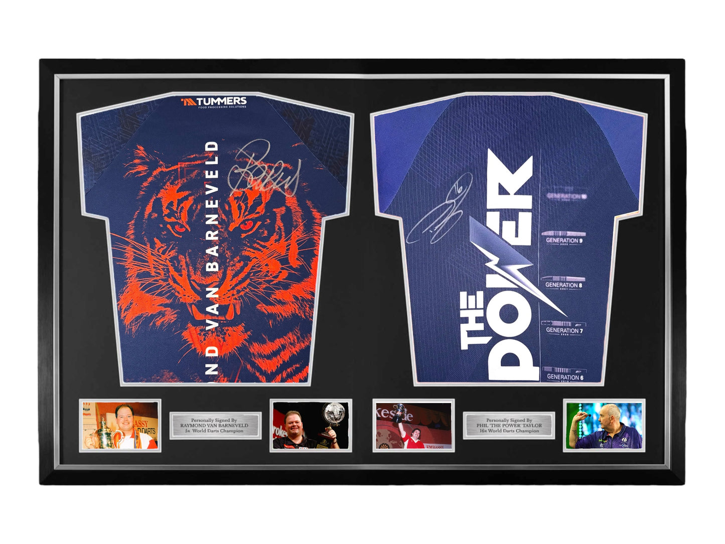 Phil Taylor and Raymond Van Barneveld Signed Official Darts Shirts- Dual Deluxe Framed