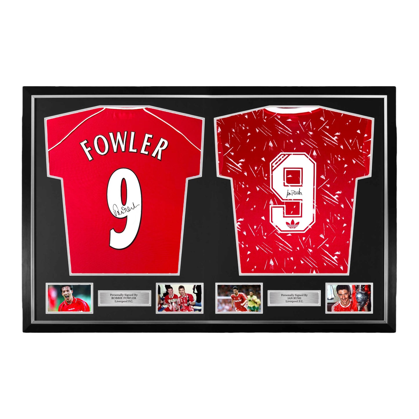 Robbie Fowler and Ian Rush Signed Liverpool Home Shirts- Dual Deluxe Framed