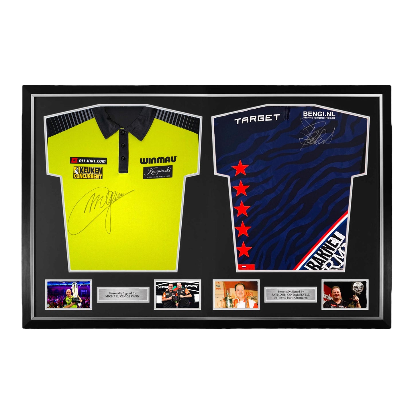 Michael Van Gerwen and Raymond Van Barneveld Signed Official Darts Shirts- Dual Deluxe Framed