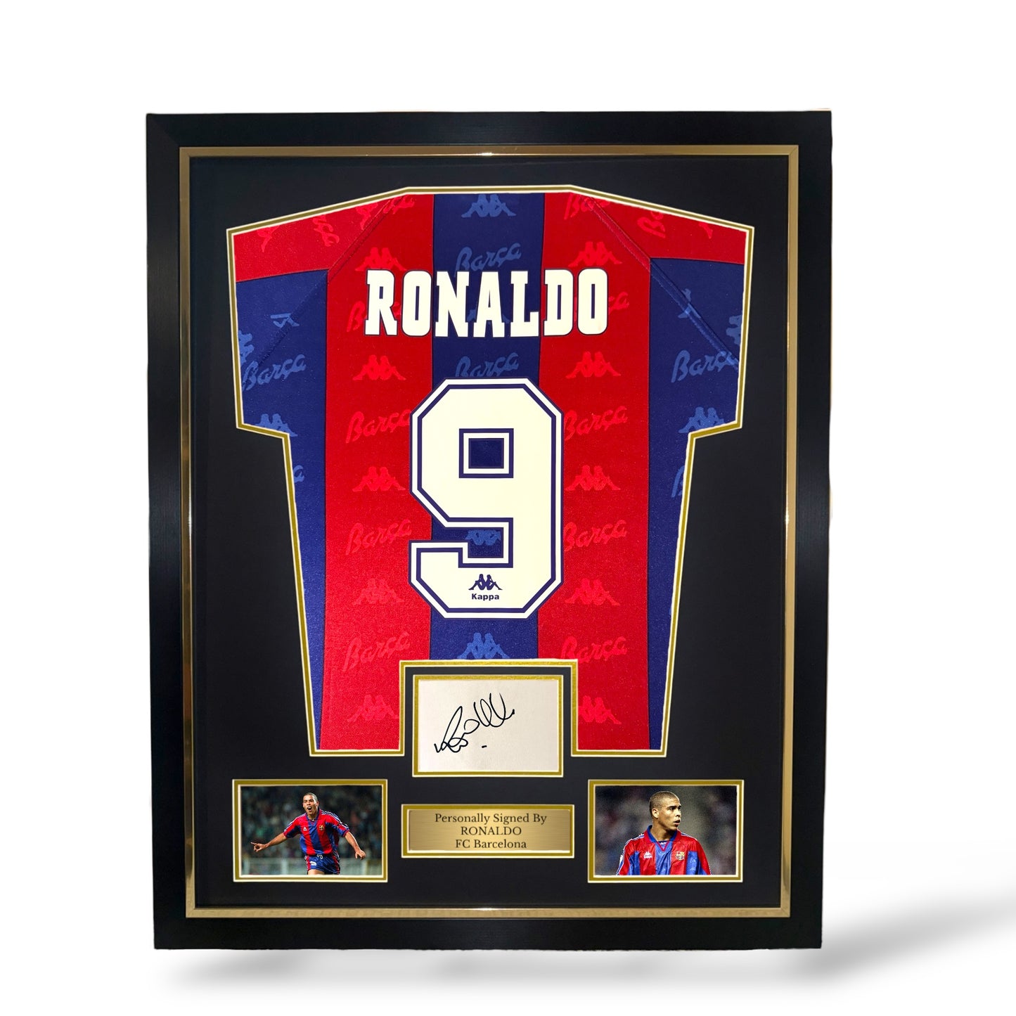 Ronaldo R9 Signed Card/ FC Barcelona 1996/97 Home Shirt- Deluxe Framed