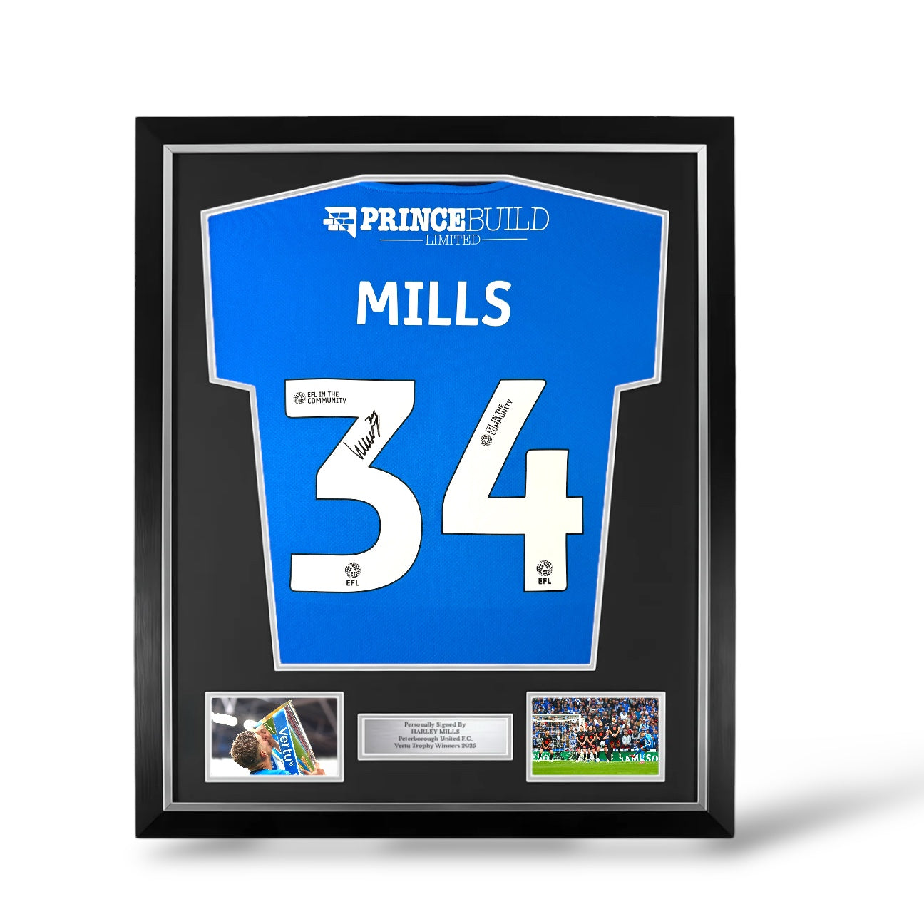 Harley Mills Signed Peterborough United 2024/25 Home Shirt- Deluxe Framed