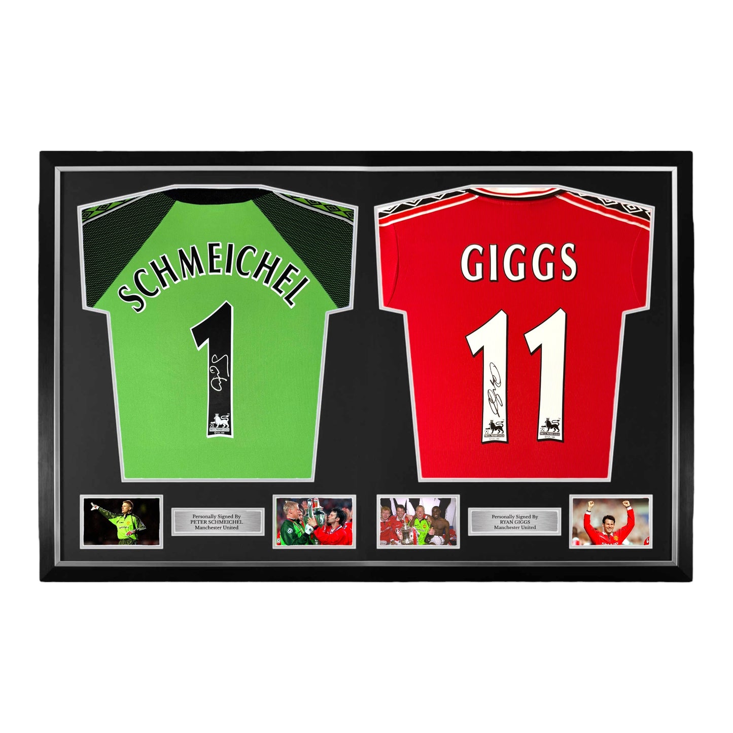 Peter Schmeichel and Ryan Giggs Signed Manchester United 1998/99 Shirts- Dual Deluxe Framed