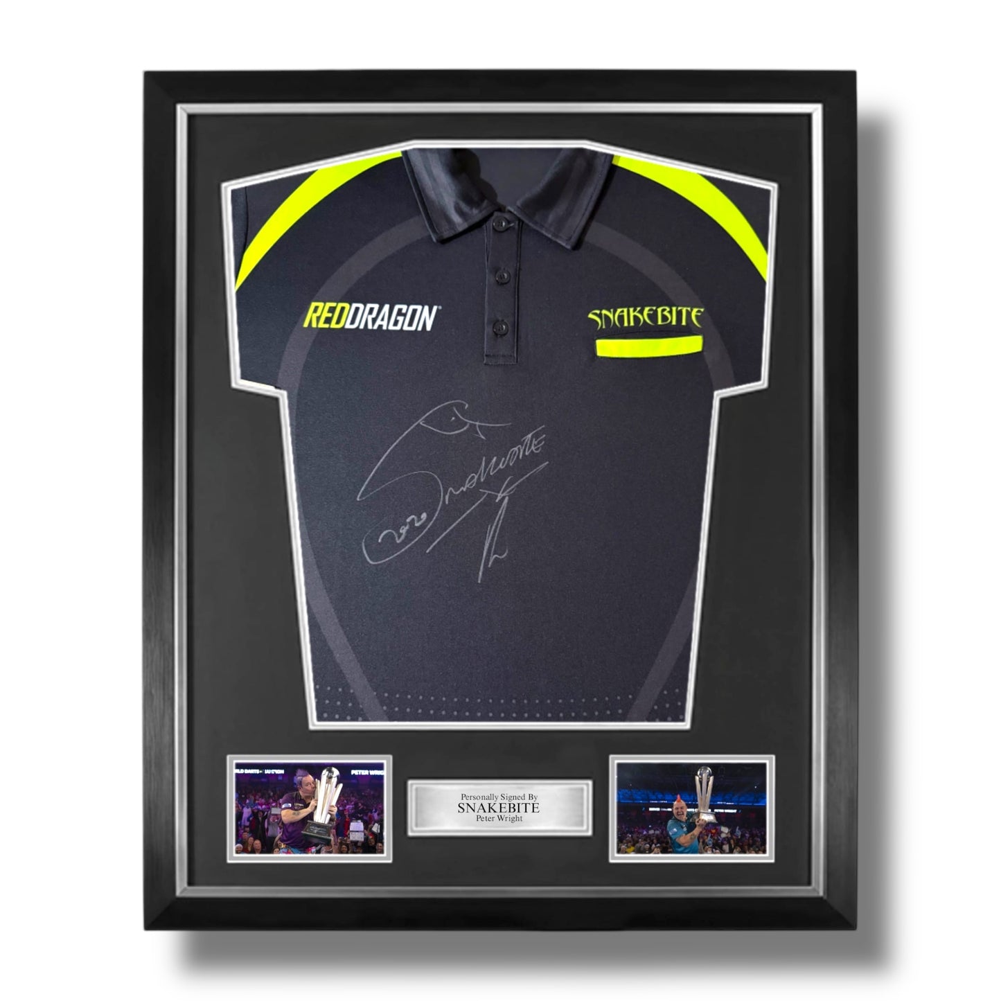 ‘Snakebite’ Peter Wright Signed Red Dragon Official Darts Shirt- Deluxe Framed