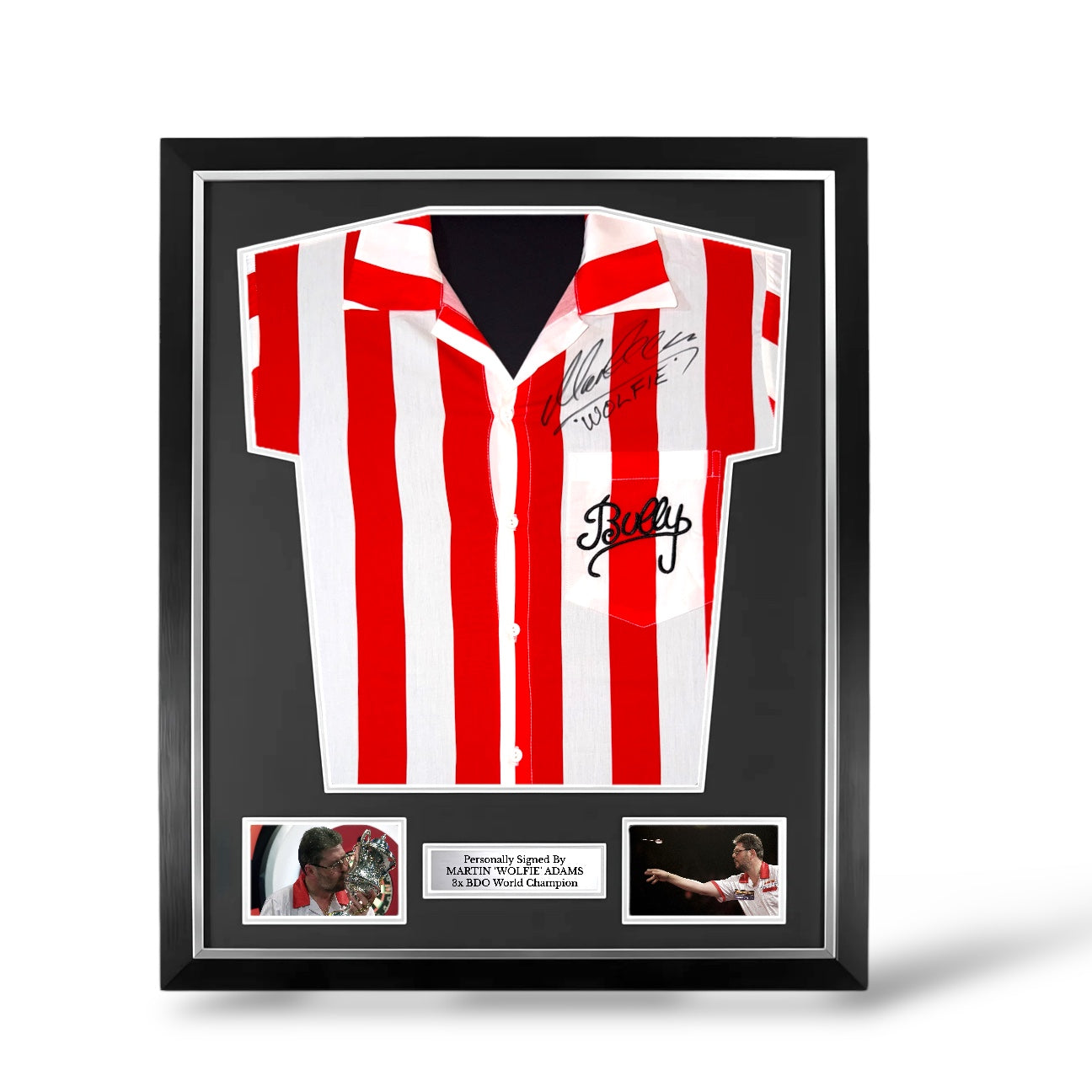 Bullseye TV Show Official Darts Bully Shirt Signed By Martin ‘Wolfie’ Adams- Deluxe Framed