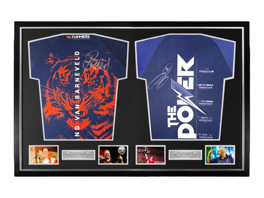 Phil Taylor and Raymond Van Barneveld Signed Official Darts Shirts- Dual Deluxe Framed