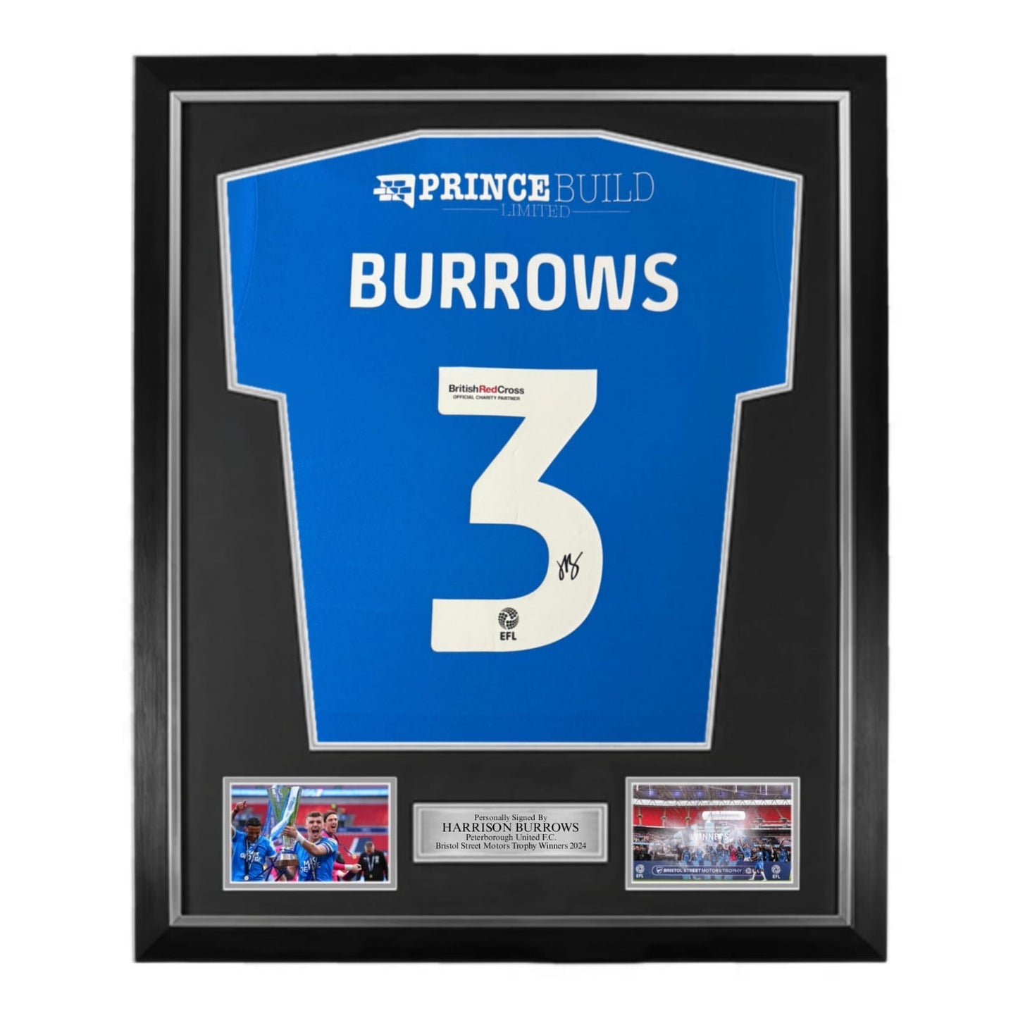Harrison Burrows Signed Puma Jersey Peterborough United Wembley Winners 2024- Deluxe Framed