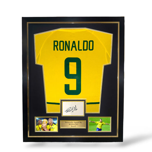 Ronaldo R9 Signed Card/ Brazil 2002 Home Shirt- Deluxe Framed