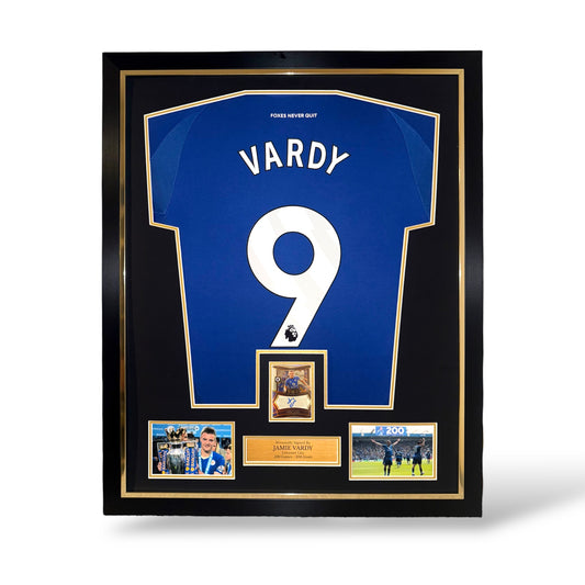 Jamie Vardy Signed Official Panini Auto Card/ Leicester City 2024/25 Home Shirt- Deluxe Framed