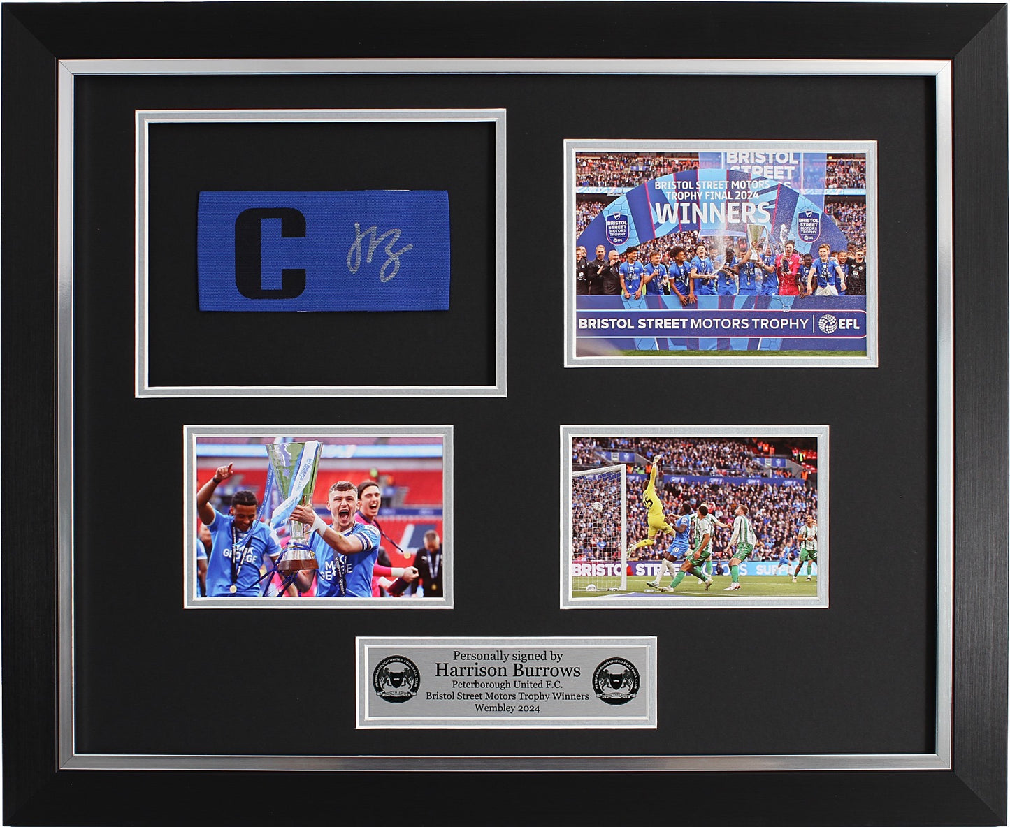 Harrison Burrows Signed Captains Armband Montage/Peterborough United Wembley Winners 2024- Deluxe Framed