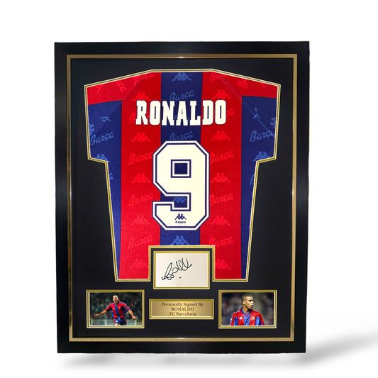 Ronaldo R9 Signed Card/ FC Barcelona 1996/97 Home Shirt- Deluxe Framed