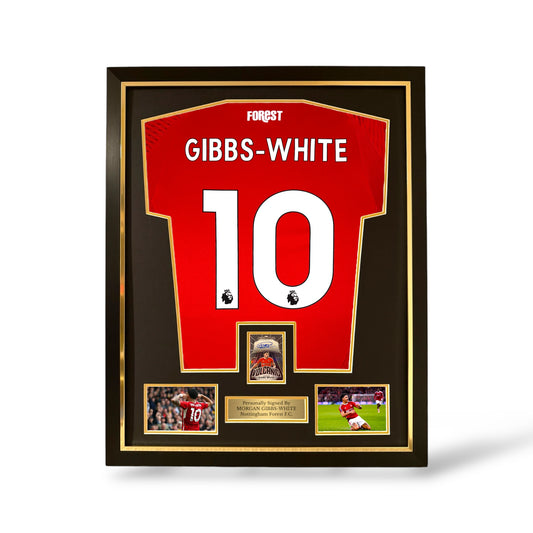 Morgan Gibbs-White Signed Official Panini Auto Card/ Nottingham Forest 2024/25 Home Shirt- Deluxe Framed