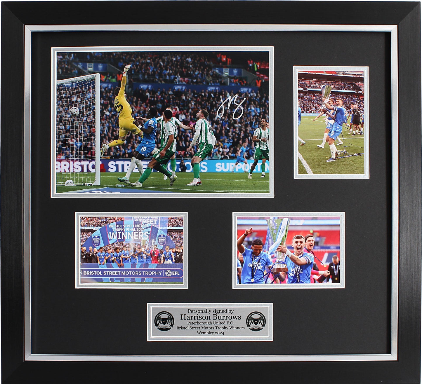 Harrison Burrows Signed Photo ‘Winning Goal’ Montage/Peterborough United Wembley Winners 2024- Deluxe Framed