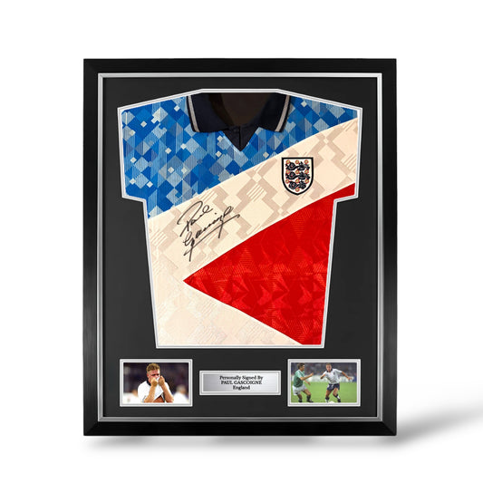 Paul Gascoigne ‘Gazza’ Signed Official Score Draw Retro England Italia 90 Mash Up Shirt- Deluxe Framed