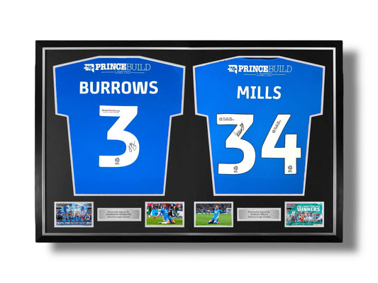 Harrison Burrows and Harley Mills Signed Peterborough United Home Shirts- Dual Deluxe Framed