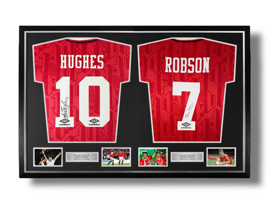Mark Hughes and Bryan Robson Signed Manchester United 1992-1994 Home Shirts- Dual Deluxe Framed