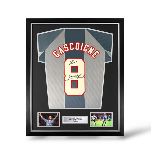 Paul Gascoigne ‘Gazza’ Signed England Euro 1996 Away Shirt- Deluxe Framed
