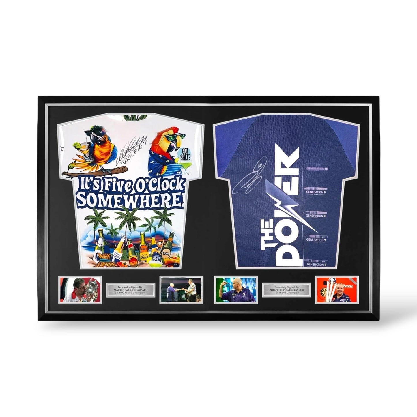 Phil Taylor and Martin Adams Signed Official Darts Shirts- Dual Deluxe Framed