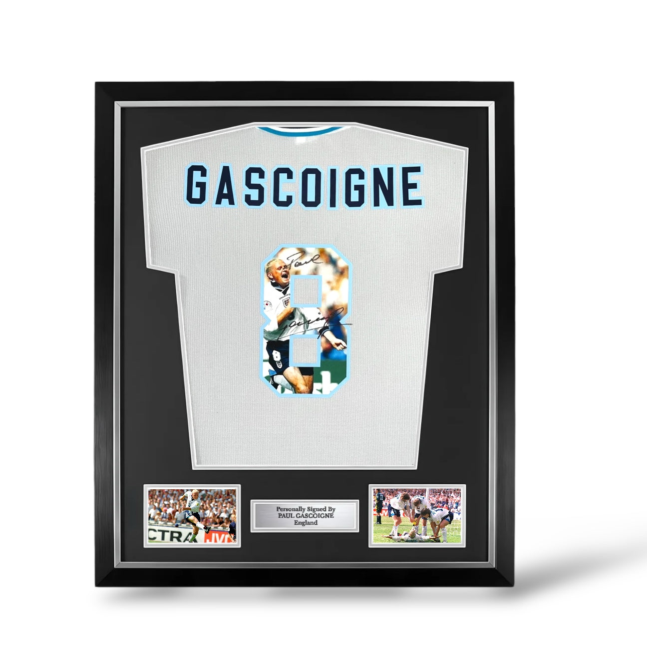 Paul Gascoigne Signed Official Score Draw Retro England Euro 1996 Home Shirt, Photo Number- Deluxe Framed