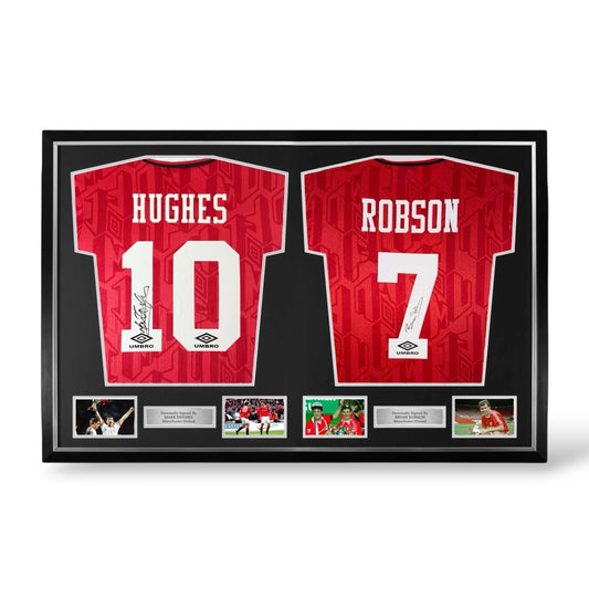 Mark Hughes and Bryan Robson Signed Manchester United 1992-1994 Home Shirts- Dual Deluxe Framed