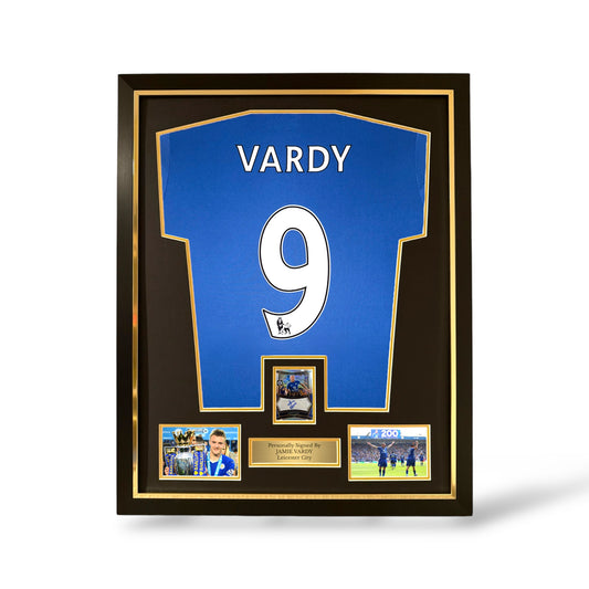 Jamie Vardy Signed Official Panini Auto Card/ Leicester City 2015/16 Home Shirt- Deluxe Framed